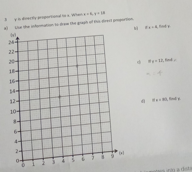 3 y is directly proportional to x. When x=6, y=18
a) Use the information to draw the graph of this direct proportion. 
b) If x=4 , find y. 
c) If y=12 , find 
d) If x=80 , find y. 
o 
tres into a dista