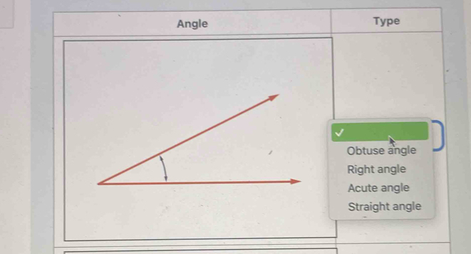 Angle Type
Obtuse angle
Right angle
Acute angle
Straight angle