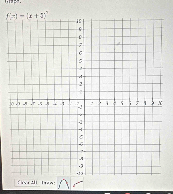 Graph.
f(x)=(x+5)^2
Clear All Draw: