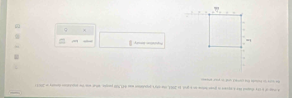 Exontol 
A map of a city shaped like a square is given below on a grid. In 2003, the city's population was 445,500 people. What was the population densiry in 2003? 
Be sure to include the correct unit in your answer. 
Population density: people km^2 frac frac endarray 
× 5