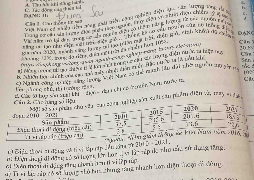 A. Thu hồi khi đồng hành.
C. Tác động của thiên tai.
b.
DẠNG II:
Việt Nam có nhiều tiềm năng phát triển cộng nghiệp điện lực, sản lượng tăng rất nh a.
Câu 1. Cho thông tin sau: c.
Trong cơ cấu sản lượng điện phân theo nguồn, thủy điện và nhiệt điện chiếm tỷ lệ cao 
d.
Vài năm trở lại đây, trong cơ cấu nguồn điện có thêm năng lượng từ các nguồn mới có
tnăng tái tạo như điện mặt trời, điện gió... Thống kê cơ cấu nguồn của hệ thống điện ở DANG
gia năm 2020, ngành năng lượng tái tạo (điện mặt trời, điện gió, sinh khổi) đã chiếm (
khoảng 12%, trong đó riêng điện mặt trời đã chiếm hơn 10%.
(https://vuphong.vn/tong-quan-nganh-cong-nghiep-nang-luong-viet-nam)
Câu 1
30,6%
Sản l
a) Năng lượng tái tạo chiếm ti lệ lớn nhất trong cơ cấu sản lượng điện nước ta hiện nay.  Câu 
tốc đ
b. Nhiên liệu chính của các nhà máy nhiệt điện miền Bắc nước ta là dầu khí.
c) Ngành công nghiệp năng lượng Việt Nam có thế mạnh lâu dài nhờ nguồn nguyên nhì
100°
Câu
liệu phong phú, thị trường rộng.
d. Các tổ hợp sản xuất khí - điện - đạm chỉ có ở miền Nam nước ta.
n xuất sản phẩm điện tử, máy vi tính g
a) Điện thoại di động và ti vi lắp ráp đều tăng từ 2010
b) Điện thoại di động có số lượng lớn hơn ti vi lắp ráp do nhu cầu sử dụng tăng.
c) Điện thoại di động tăng nhanh hơn ti vi lắp rắp.
d) Ti vi lắp ráp có số lượng nhỏ hơn nhưng tăng nhanh hơn điện thoại di động.