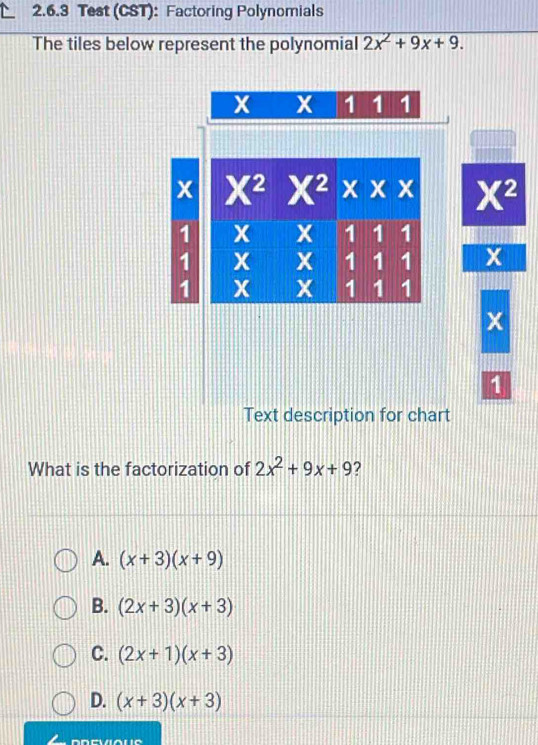 Test (CST): Factoring Polynomials
The tiles below represent the polynomial 2x^2+9x+9.
X X 1 1 1
X^2
X
X
1
rt
What is the factorization of 2x^2+9x+9 ?
A. (x+3)(x+9)
B. (2x+3)(x+3)
C. (2x+1)(x+3)
D. (x+3)(x+3)