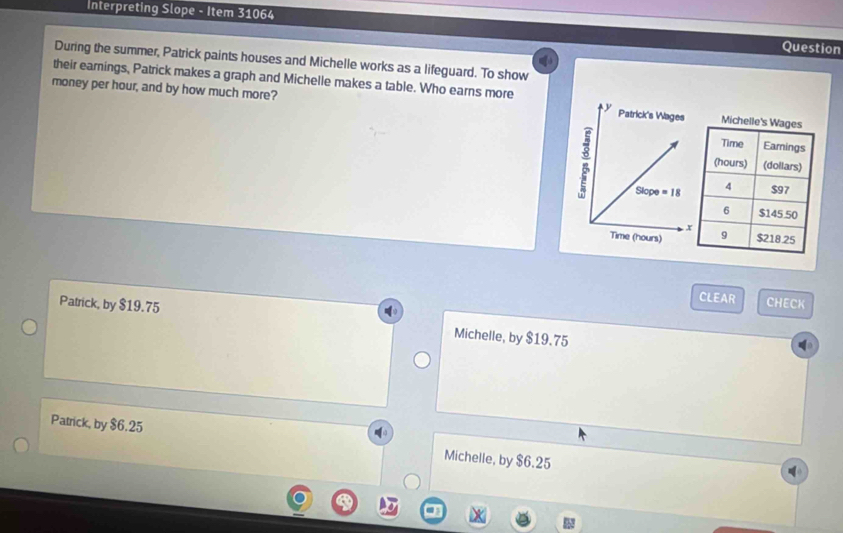 Interpreting Slope - Item 31064 Question
During the summer, Patrick paints houses and Michelle works as a lifeguard. To show
their earnings, Patrick makes a graph and Michelle makes a table. Who earns more 
money per hour, and by how much more? 
CLEAR CHECK
Patrick, by $19.75 Michelle, by $19.75
Patrick, by $6.25 Michelle, by $6.25