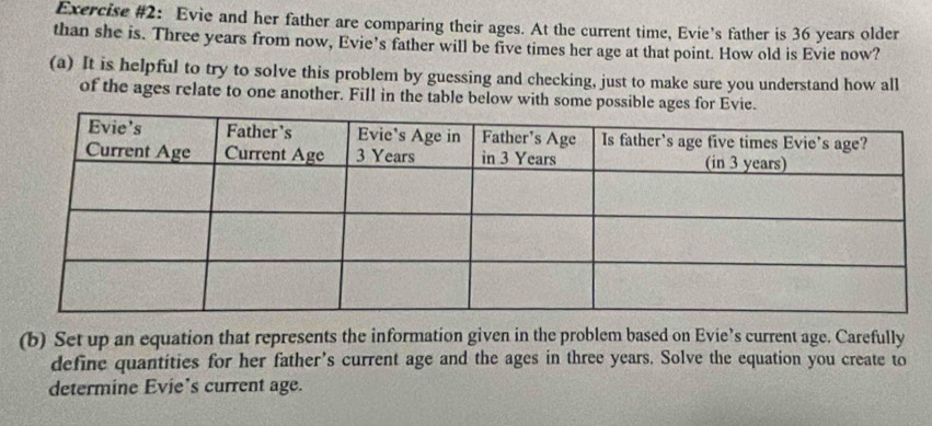 Exercise #2: Evie and her father are comparing their ages. At the current time, Evie’s father is 36 years older 
than she is. Three years from now, Evie's father will be five times her age at that point. How old is Evie now? 
(a) It is helpful to try to solve this problem by guessing and checking, just to make sure you understand how all 
of the ages relate to one another. Fill in the table below with some possible ages for Evi 
(b) Set up an equation that represents the information given in the problem based on Evie’s current age. Carefully 
define quantities for her father’s current age and the ages in three years. Solve the equation you create to 
determine Evie’s current age.