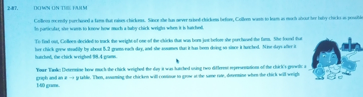 2-87. DOWN ON THE FARM 
Colleen recently purchased a farm that raises chickens. Since she has never raised chickens before, Colleen wants to learn as much about her baby chicks as possible 
In particular, she wants to know how much a baby chick weighs when it is hatched. 
To find out, Colleen decided to track the weight of one of the chicks that was born just before she purchased the farm. She found that 
her chick grew steadily by about 5.2 grams each day, and she assumes that it has been doing so since it hatched. Nine days after it 
hatched, the chick weighed 98.4 grams. 
Your Task: Determine how much the chick weighed the day it was hatched using two different representations of the chick's growth: 
graph and an æ → y table. Then, assuming the chicken will continue to grow at the same rate, determine when the chick will weigh
140 grams.