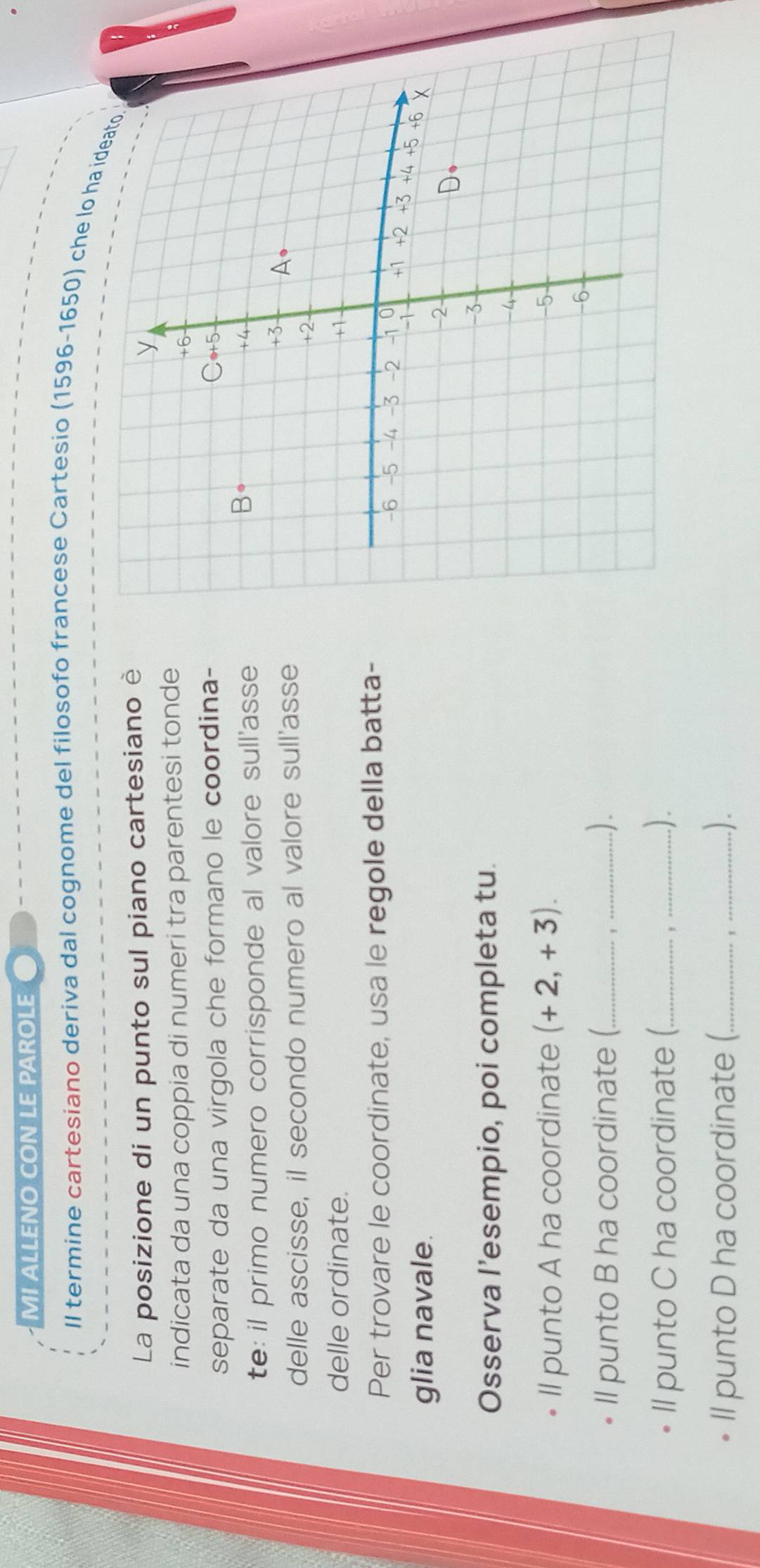 MI ALLENO CON LE PAROLE
Il termine cartesiano deriva dal cognome del filosofo francese Cartesio (1596-1650) che lo ha 
La posizione di un punto sul piano cartesiano è
indicata da una coppia di numeri tra parentesi tonde
separate da una virgola che formano le coordina-
te: il primo numero corrisponde al valore sull'asse
delle ascisse, il secondo numero al valore sull'asse
delle ordinate. 
Per trovare le coordinate, usa le regole della batta-
glia navale. 
Osserva l’esempio, poi completa tu.
Il punto A ha coordinate (+2,+3).
Il punto B ha coordinate (_ _.).
,
ll punto C ha coordinate (_ _..).
,
ll punto D ha coordinate (_ _.).