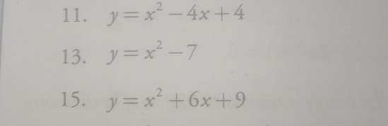 y=x^2-4x+4
13. y=x^2-7
15. y=x^2+6x+9