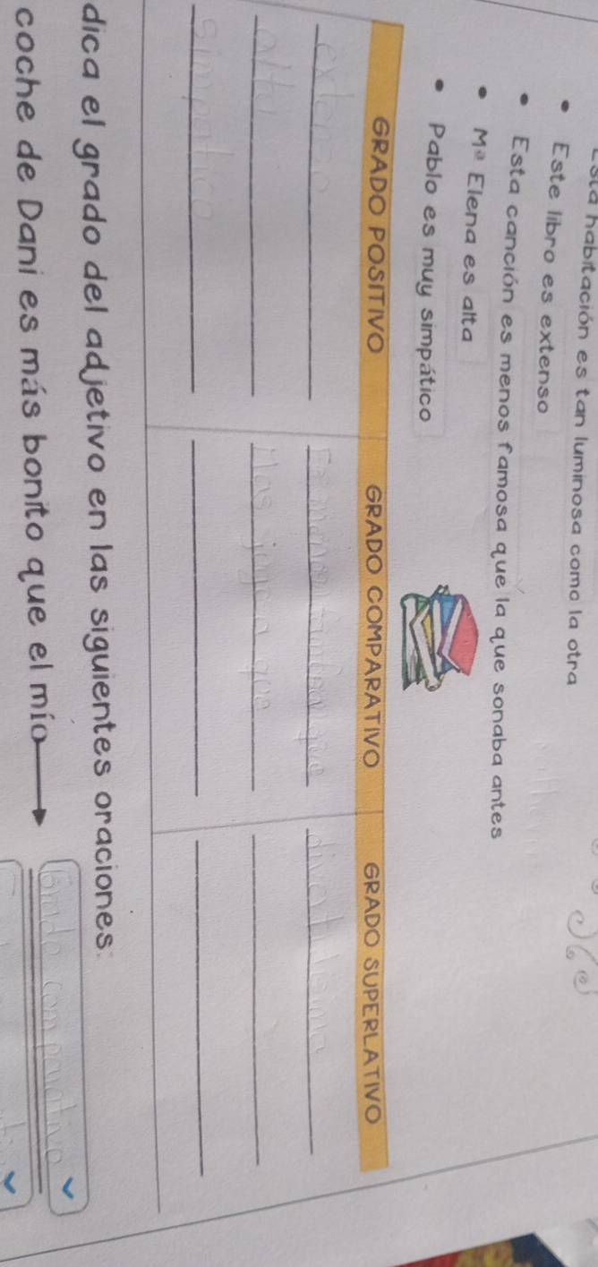 sla habitación es tan luminosa como la otra 
Este libro es extenso 
Esta canción es menos famosa que la que sonaba antes 
M Elena es alta 
Pablo es muy simpático 
dica el grado del adjetivo en las siguientes oraciones: 
coche de Dani es más bonito que el mío 
_