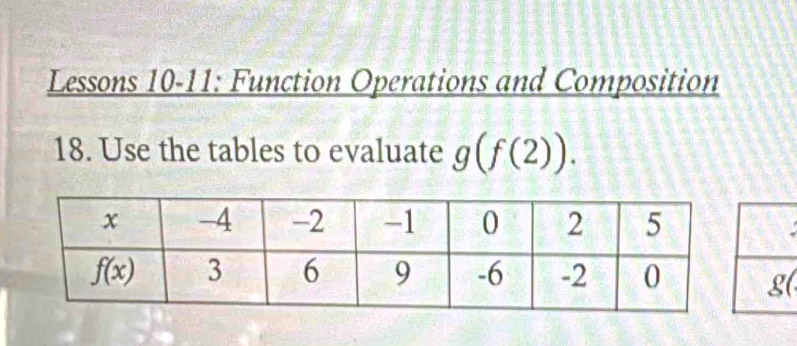 Lessons 10-11: Function Operations and Composition
18. Use the tables to evaluate g(f(2)).
(