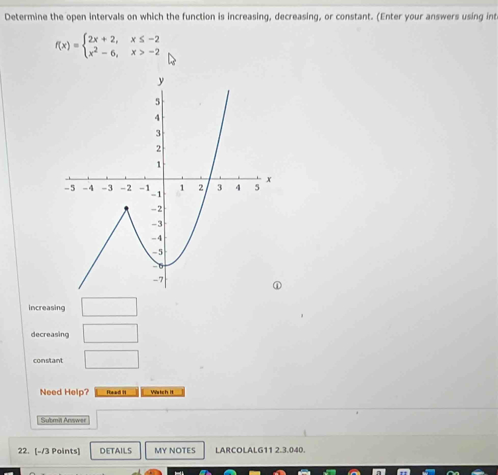 Determine the open intervals on which the function is increasing, decreasing, or constant. (Enter your answers using int
f(x)=beginarrayl 2x+2,x≤ -2 x^2-6,x>-2endarray.
increasing 
decreasing 
constant 
Need Help? Read It Watch it 
Submit Answer 
22. [-/3 Points] DETAILS MY NOTES LARCOLALG11 2.3.040.