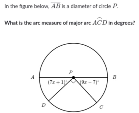 In the figure below, overline AB is a diameter of circle P.
What is the arc measure of major arc widehat ACD in degrees?