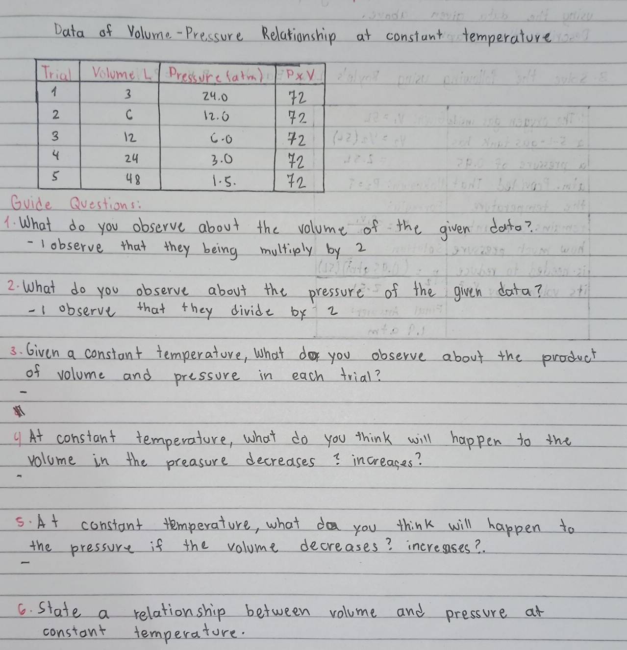 Data of Volume-Pressure Relationship at constant temperature
Guide Questions:
1. What do you observe about the volume of the given dato?
- 1 observe that they being multiply by 2
2. What do you observe about the pressure of the given data?
-1 observe that they divide by z
3. Given a constant temperature, what d you observe about the product
of volume and pressure in each trial?
⑨ At constant temperature, what do you think will happen to the
volume in the preasure decreases? increases?
5. At constant temperature, what d you think will happen to
the pressure if the volume decreases? incresases?

6. State a relationship between volume and pressure at
constant temperature.