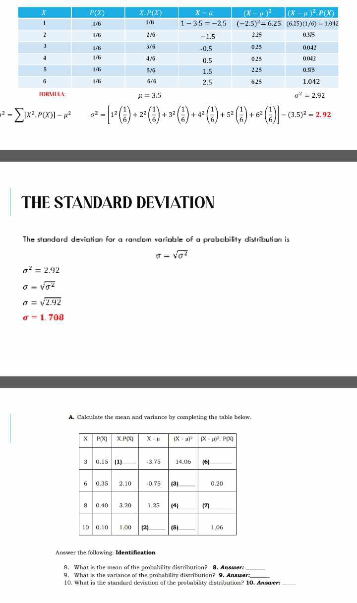 ^2=sumlimits [X^2.P(X)]-mu^2 sigma^2=[1^2( 1/6 )+2^2( 1/6 )+3^2( 1/6 )+4^2( 1/6 )+5^2( 1/6 )+6^2( 1/6 )]-(3.5)^2=2.92
THE STANDARD DEVIATION
The standard deviatian for a random variable of a prabability distribution is
sigma =sqrt(sigma^2)
sigma^2=2.92
sigma =sqrt(sigma^2)
sigma =sqrt(2.92)
sigma =1.708
A. Calculate the mean and variance by completing the table below.
Answer the following: Identification
8. What is the mean of the probability distribution? 8. Answer:
9. What is the variance of the probability distribution? 9. Answer:_
10. What is the standard deviation of the probability distribution? 10. Answer:_