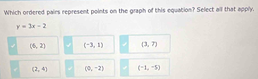 Which ordered pairs represent points on the graph of this equation? Select all that apply.
y=3x-2
(6,2)
(-3,1)
(3,7)
(2,4)
(0,-2)
(-1,-5)