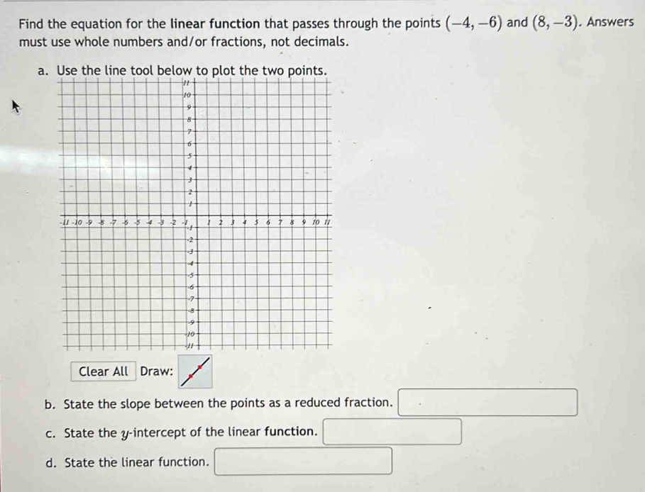 Find the equation for the linear function that passes through the points (-4,-6) and (8,-3). Answers 
must use whole numbers and/or fractions, not decimals. 
a 
Clear All Draw: 
b. State the slope between the points as a reduced fraction. □ 
c. State the y-intercept of the linear function. □ 
d. State the linear function. □