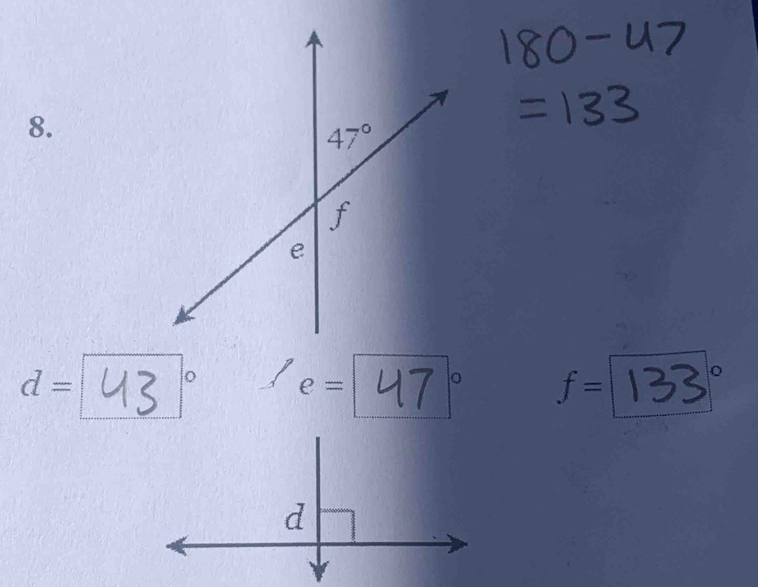 d= 43 ° e = 47° o f= 33°