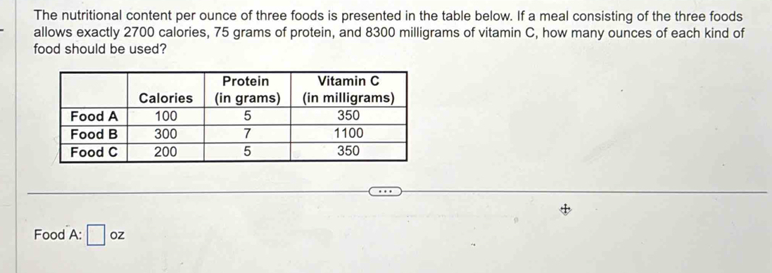 The nutritional content per ounce of three foods is presented in the table below. If a meal consisting of the three foods 
allows exactly 2700 calories, 75 grams of protein, and 8300 milligrams of vitamin C, how many ounces of each kind of 
food should be used? 
Food A:□ oz