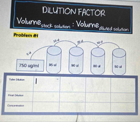 DILUTION FACTOR
Volume stock solution : Volume diluted solution
Tube Dilusion
Finail Dilution
Concentration