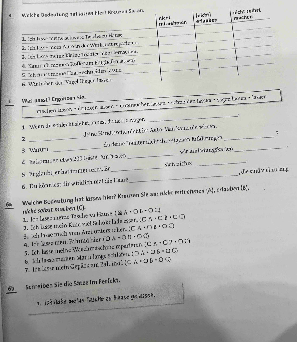 5Was passt? Ergänzen Sie. 
machen lassen • drucken lassen • untersuchen lassen • schneiden lassen • sagen lassen • lassen 
1. Wenn du schlecht siehst, musst du deine Augen 
_ 
2. _deine Handtasche nicht im Auto. Man kann nie wissen._ 
? 
3. Warum _du deine Tochter nicht ihre eigenen Erfahrungen_ 
4. Es kommen etwa 200 Gäste. Am besten _wir Einladungskarten 
5. Er glaubt, er hat immer recht. Er _sich nichts 
. 
6. Du könntest dir wirklich mal die Haare_ , die sind viel zu lang. 
6a Welche Bedeutung hat lassen hier? Kreuzen Sie an: nicht mitnehmen (A), erlauben (B), 
nicht selbst machen (C). 
1. Ich lasse meine Tasche zu Hause. ( (MA· OB· OC)
2. Ich lasse mein Kind viel Schokolade essen. (OA· OB· OC)
3. Ich lasse mich vom Arzt untersuchen. (OA· OB· OC)
4. Ich lasse mein Fahrrad hier. (OA· OB· OC) (OA· OB· OC)
5. Ich lasse meine Waschmaschine reparieren. 
6. Ich lasse meinen Mann lange schlafen. (OA· OB· OC)
7. Ich lasse mein Gepäck am Bahnhof. (OA· OB· OC)
6b Schreiben Sie die Sätze im Perfekt. 
1. Ich habe meine Tasche zu Iause gelassen.