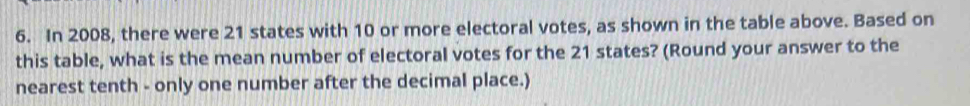 In 2008, there were 21 states with 10 or more electoral votes, as shown in the table above. Based on 
this table, what is the mean number of electoral votes for the 21 states? (Round your answer to the 
nearest tenth - only one number after the decimal place.)