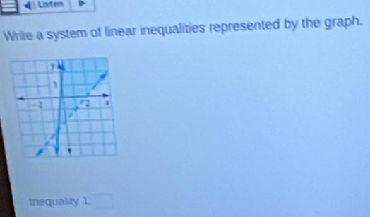 Listen 
Write a system of linear inequalities represented by the graph. 
Inequality 1 □