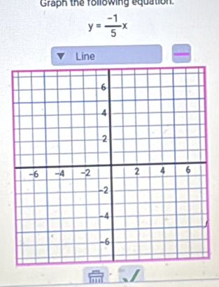 Graph the following equation.
y= (-1)/5 x
Line