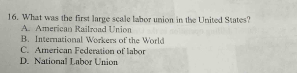 What was the first large scale labor union in the United States?
A. American Railroad Union
B. International Workers of the World
C. American Federation of labor
D. National Labor Union