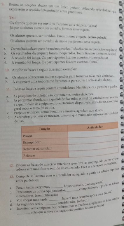 Reúna as orações abaixo em um único período utilizando articuladores que
expressem o sentido determinado entre parênteses:
Ex.:
Os alunos querem ser ouvidos. Faremos uma enquete. (causa)
Já que os alunos querem ser ouvidos, faremos uma enquete.
Os alunos querem ser ouvidos. Faremos uma enquete. (consequência)
Os alunos querem ser ouvidos, de modo que faremos uma enquete,
a. Os resultados da enquete foram inesperados. Todos ficaram surpresos. (consequência)
b. Os resultados da enquete foram inesperados. Todos ficaram surpresos. (causa)
c. A reunião foi longa. Os participantes ficaram exaustos. (consequência)
d. A reunião foi longa. Os participantes ficaram exaustos. (causa)
10. Amplie as frases a seguir inserindo exemplos:
a Os alunos ofereceram muitas sugestões para tornar as aulas mais dinâmicas....
b. A enquete é uma importante ferramenta para ouvir a opinião dos alunos....
11. Todas as frases a seguir contêm articuladores. Identifique-os e preencha o quadro:
a. As pesquisas de opinião são, certamente, muito eficientes.
b. As perguntas abordaram a qualidade das aulas, o nível de satisfação com a escola
e a quantidade de equipamentos eletrônicos disponíveis; dessa forma, uma visão
geral sobre o tema foi obtida.
c. Projetos artísticos, como literatura e música, agradam aos alunos.
d. As carteiras precisam ser trocadas, uma vez que muitas não estão mais em condição
de uso.
12. Retome as frases do exercício anterior e reescreva-as empregando 
ladores sem modificar o sentido do enunciado. Faça as alterações necessárias.
13. Complete as lacunas com o articulador adequado a partir da relação expressa
entre parênteses:
a. Foram tantas perguntas, fiquei cansado. (consequência)
b. Precisamos de novos equipamentos,_ computadores, copiadoras, tablets
e roteadores. (exemplificação)
c. Vou chegar mais tarde,
haverá uma reunião após a aula. (causa)
d. As sugestões serão, __ consideradas. (reforço)
e. Investimos em equipamentos, reformamos as quadras, ampliamos as áreas verdes,
_
acho que a nova avaliação será positiva. (consequência)