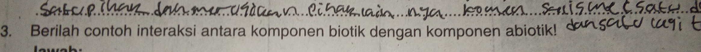 Berilah contoh interaksi antara komponen biotik dengan komponen abiotik!