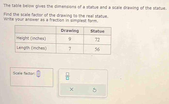 The table below gives the dimensions of a statue and a scale drawing of the statue. 
Find the scale factor of the drawing to the real statue. 
Write your answer as a fraction in simplest form. 
Scale factor: _ □  
 □ /□   
X 5