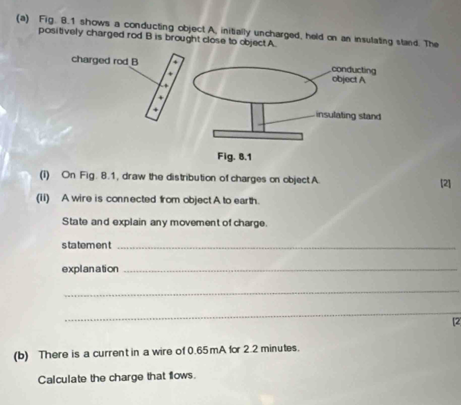 Solved: Fig. 8.1 shows a conducting object A, initially uncharged, held ...