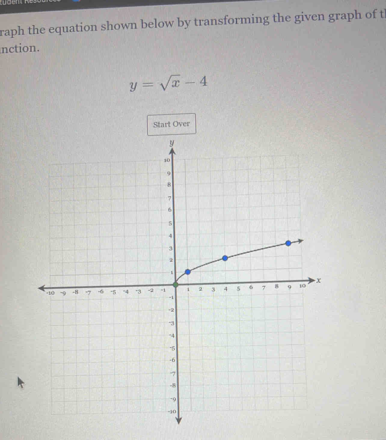 tudent 
raph the equation shown below by transforming the given graph of th 
nction.
y=sqrt(x)-4
Start Over