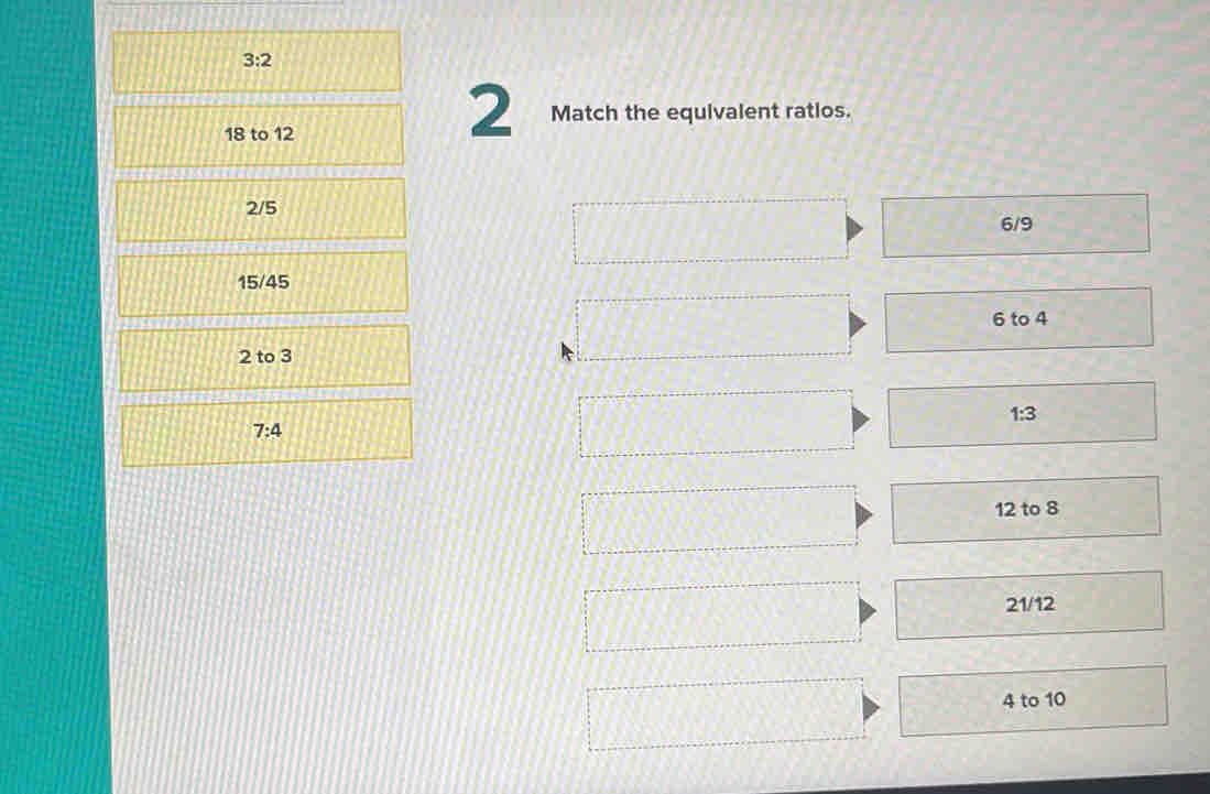3:2
18 to 12
2 Match the equivalent ratios.
2/5
6/9
15/45
6 to 4
2 to 3
1:3
7:4
12 to 8
21/12
4 to 10