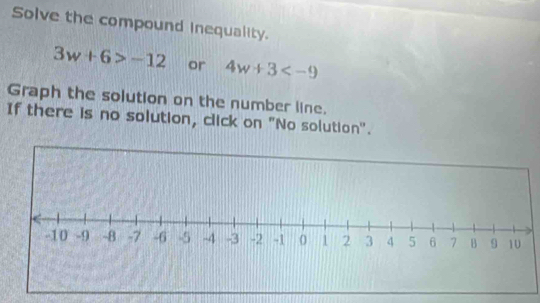 Solve the compound inequality.
3w+6>-12 or 4w+3
Graph the solution on the number line. 
If there is no solution, click on "No solution".