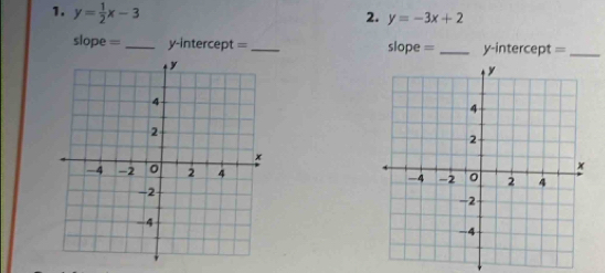 y= 1/2 x-3
2. y=-3x+2
slope = _y-intercept =_ slope = _y-intercept =_