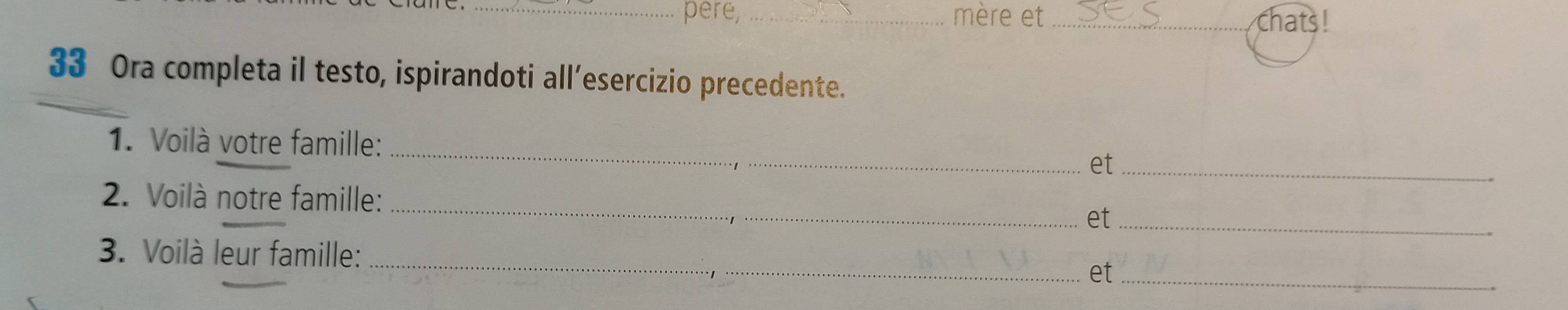 pere, _mère et_ 
chats! 
33 Ora completa il testo, ispirandoti all’esercizio precedente. 
_ 
1. Voilà votre famille: 
et_ 
_ 
2. Voilà notre famille: 
et_ 
_ 
3. Voilà leur famille: 
et_