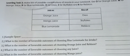 Learmling Task 2: Moke lists of possible combinations of snacks in your notebook, Use 0 for Crange Juice. M10l
Mango Juice.  for Blue Lemonade, O for Oreo, $ for Skyllakes and R for Rebisca.
1.)Sample Space:
_
2.) What is the number of favorable outcomes of choosing Blue Lemonade for drinks?
3.) What is the number of favorable outcomes of choosing Orange Juice and Rebisco?
4.) What is the number of favorable outcomes of choosing any Juice?
_
5.) What is the number of favorable outcomes of choosing Mango juice?
_