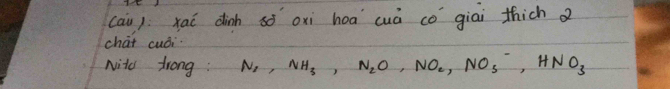 (ai) xaí dinh só oxi hoa`cuà co`giai thich a 
chat cudi. 
Nito frong: N_2, NH_3, N_2O, NO_2, NO_5-, HNO_3