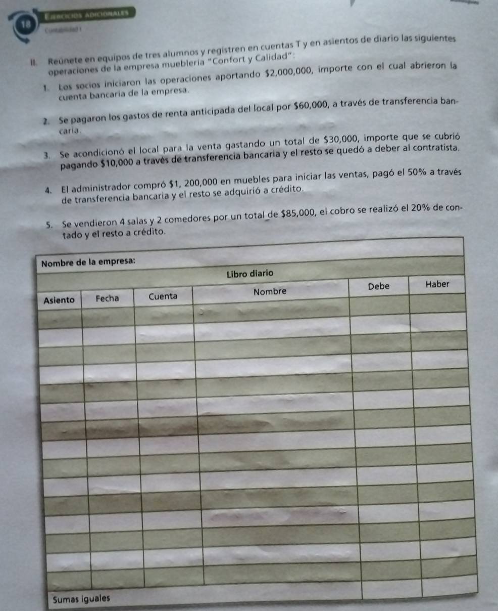 Ejercicios adicionales 
18 
Contabplidad 
II. Reúnete en equipos de tres alumnos y registren en cuentas T y en asientos de diario las siguientes 
operaciones de la empresa mueblería “Confort y Calidad”: 
1. Los socios iniciaron las operaciones aportando $2,000,000, importe con el cual abrieron la 
cuenta bancaria de la empresa. 
2. Se pagaron los gastos de renta anticipada del local por $60,000, a través de transferencia ban- 
caria. 
3. Se acondicionó el local para la venta gastando un total de $30,000, importe que se cubrió 
pagando $10,000 a través de transferencia bancaria y el resto se quedó a deber al contratista. 
4. El administrador compró $1, 200,000 en muebles para iniciar las ventas, pagó el 50% a través 
de transferencia bancaria y el resto se adquirió a crédito. 
Se vendieron 4 salas y 2 comedores por un total de $85,000, el cobro se realizó el 20% de con- 
Sumas iguales