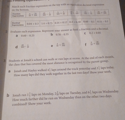 Match each fraction expression on the top with an equivalent decimal expression
2 Evaluate each expression. Represent your answer as both a fraction and a decimal.
a 0.60-0.25 b 0.70-0.55 C 0.2+0.05
d  40/100 - 1/10  e  4/10 + 60/100   9/10 + 30/100 
3 Students at Jonah’s school can walk or run laps at recess. At the end of each month,
the class that has covered the most distance is recognized by the parent group.
@ Jonah and Hayley walked 4 1/3  laps around the track yesterday and 3 1/2  laps today.
How many laps did they waIk together in the last two days? Show your work.
b Jonah ran 1 3/4 la ps on Monday, 2 3/10 lap s on Tuesday, and 6 1/5 1 aps on Wednesday.
How much farther did he run on Wednesday than on the other two days
combined? Show your work.