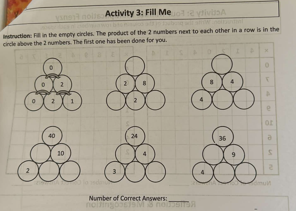 Activity 3: Fill Me 
Instruction: Fill in the empty circles. The product of the 2 numbers next to each other in a row is in the 
circle above the 2 numbers. The first one has been done for you.
0
0 2
8 4
0 2 14
36
9
4
dm
Number of Correct Answers:_