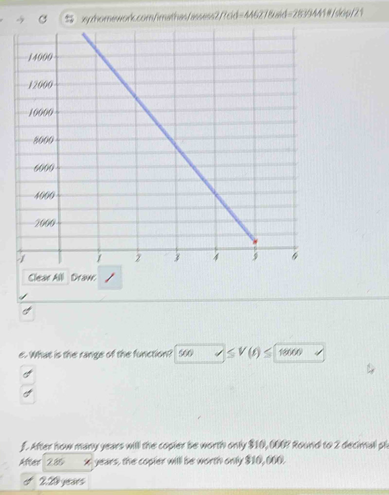 646 218uid=28334444/sidp/21
Clear Alll Draur
e. What is the range of the function? 800 V(t)≤ 12000
f. After how many years will the copier be worth only $10,000? Round to 2 decimal pl
After 280 % years, the copier will be worth only $10, 000
2Do years