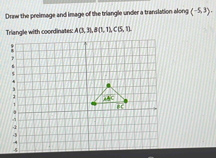 Draw the preimage and image of the triangle under a translation along langle -5,3rangle .
Triangle with coordinates: A(3,3),B(1,1),C(5,1).