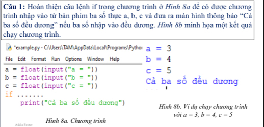 Hoàn thiện câu lệnh if trong chương trình ở Hình 8a đề có được chương 
trình nhập vào từ bàn phím ba số thực a, b, c và đưa ra màn hình thông báo “Cả 
ba số đều dương'' nếu ba số nhập vào đều dương. Hình 8b minh họa một kết quả 
chạy chương trình. 
*example.py - C:UsersTAMAppDataLocalProgramsPythor a=3
File Edit Format Run Options Window Help b=4
a=£loat (input (''a='')) c=5
b=£1 oat(input (''b=''))
c= float(input (''c='')) Cả ba S đều dương 
if 
print("Cả ba số đều dương") Hình 8b. Vi dụ chạy chương trình 
với 
Add a Feoter Hình 8a. Chương trình a=3, b=4, c=5