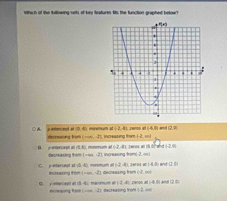 Which of the following sets of key features fits the function graphed below?
○ A. y-intercept at (0,-6) minimum at (-2,-8) , zeros at (-6,0) and (2,0)
decreasing from (-∈fty ,-2) increasing from (-2,∈fty )
B. y-intercept at (0,6); minimum at (-2,-8) , zeros at (6,0) and (-2,0)
decreasing from (-∈fty ,-2) increasing from (-2,∈fty )
C. y-intercept at (0,-6) mnimum at (-2,-8) , zeros at (-6,0) and (2,0)
Increasing from (-∈fty ,-2) decreasing from (-2,∈fty )
D. y-intercept at (0,-6) c maxmum at (-2,-8) zeros at (-6,0) and (2,0)
increasing from (-∈fty ,-2) decreasing from (-2,∈fty )