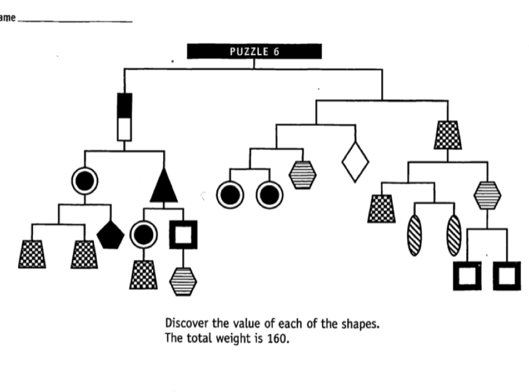 ame_ 
Discover the value of each of the shapes. 
The total weight is 160.