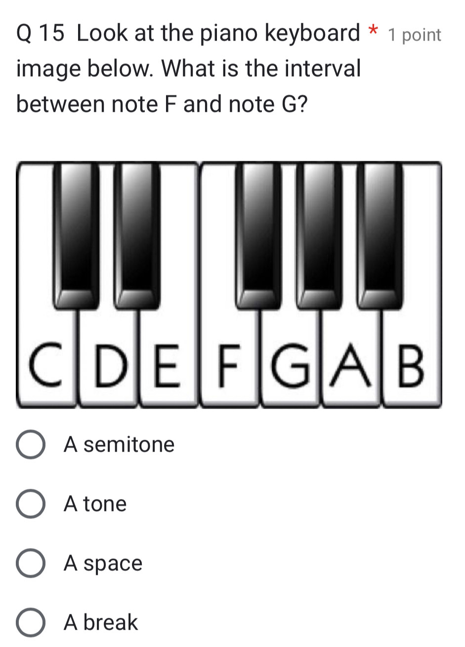 Look at the piano keyboard * 1 point
image below. What is the interval
between note F and note G?
A semitone
A tone
A space
A break