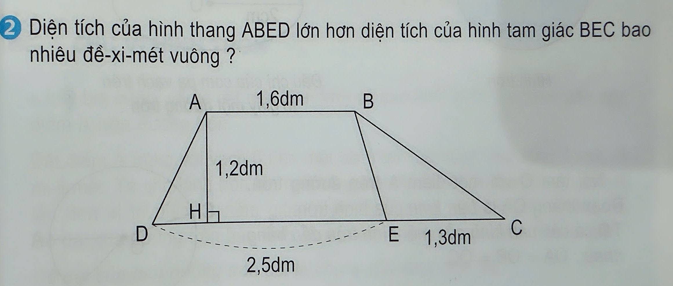 ② Diện tích của hình thang ABED lớn hơn diện tích của hình tam giác BEC bao 
nhiêu đề-xi-mét vuông ?