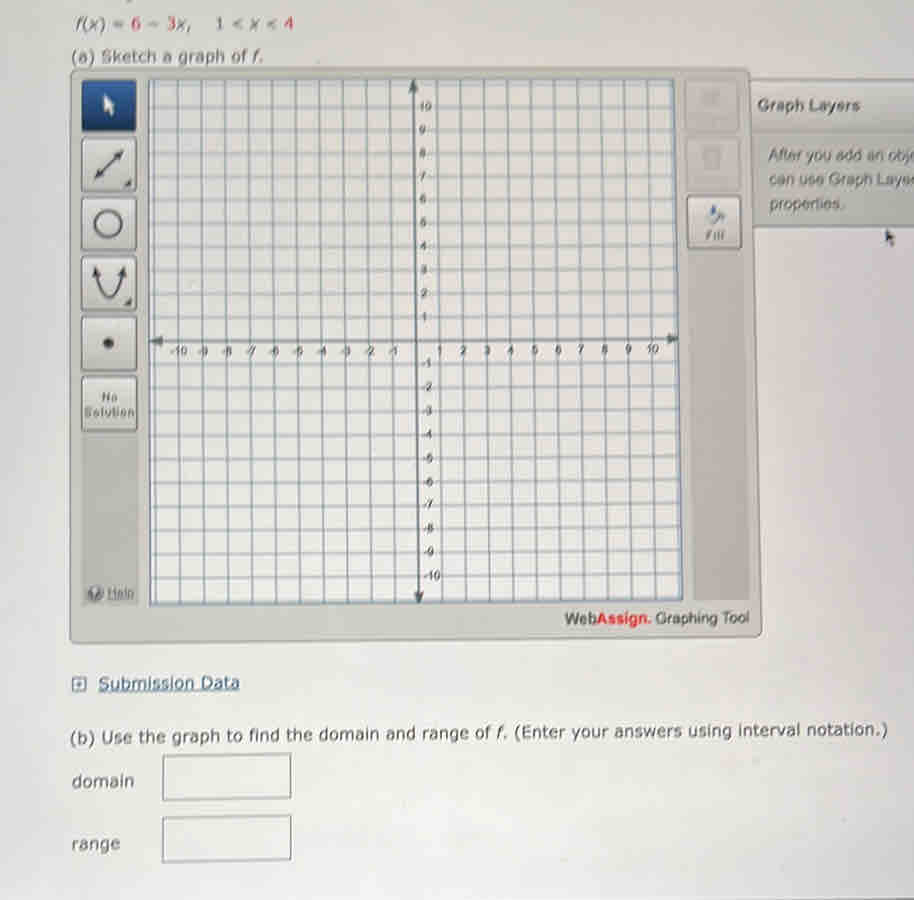 f(x)=6-3x, 1
(a) Sketch a graph of f. 
Graph Layers 
After you add an obj 
can use Graph Laye 
properties. 
ⅲ 
Hồ 
Selution 
A Linin 
ng Tool 
= Submission Data 
(b) Use the graph to find the domain and range of f. (Enter your answers using interval notation.) 
domain 
range