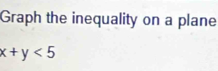 Graph the inequality on a plane
x+y<5</tex>